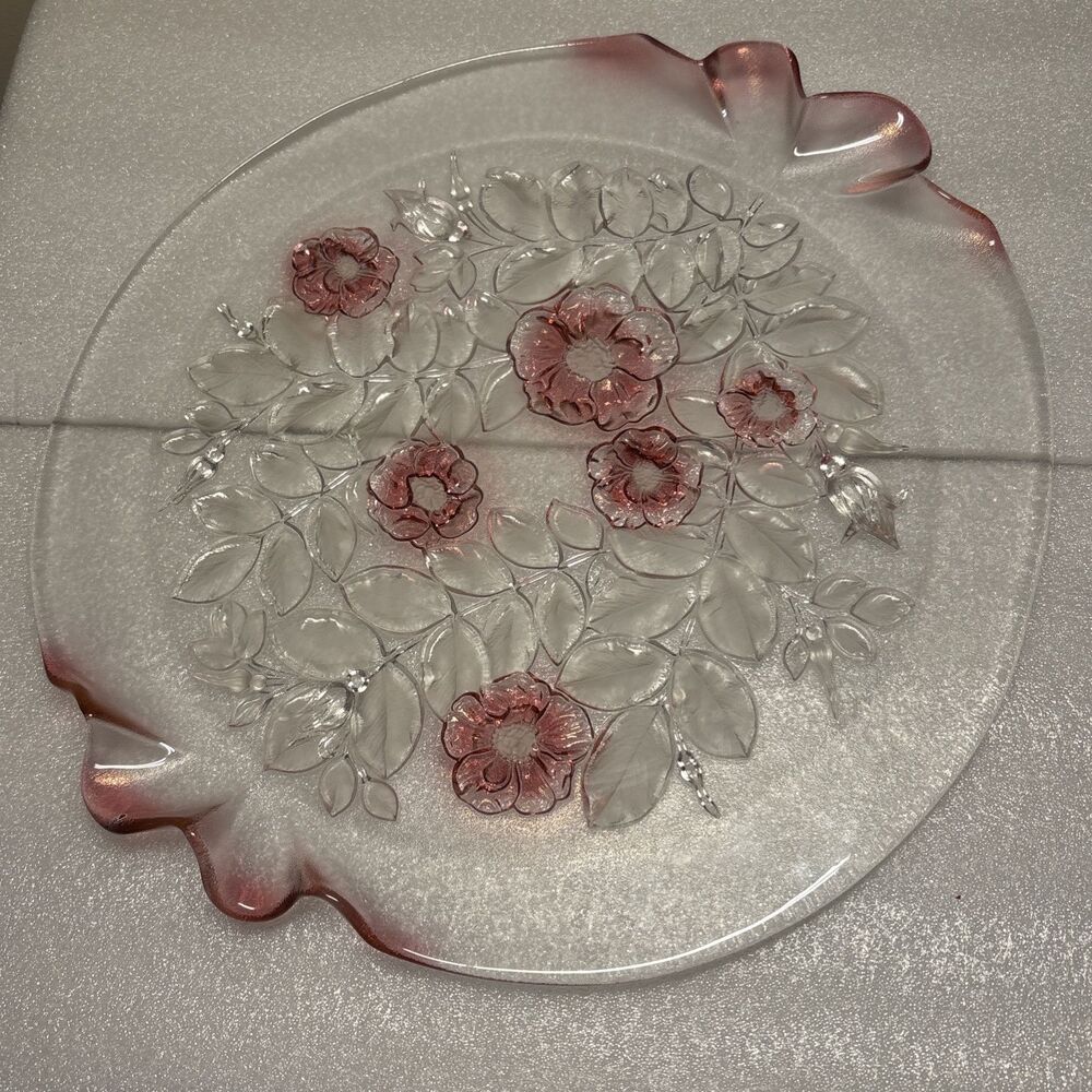 VINTAGE MIKASA PINK ROSELLA CRYSTAL GLASS ROUND PLATE PLATTER Frosted Ruffled 14